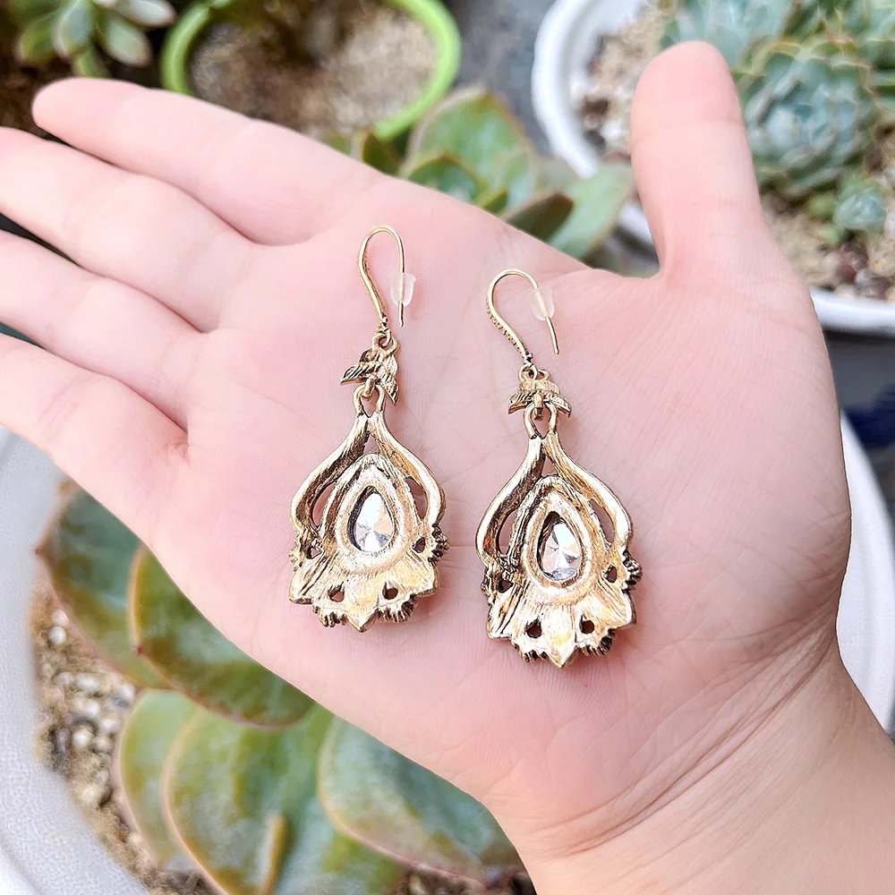 Sunspicems Luxury Boho Gray Crystal Earrings For Women Antique Gold Color Party Drop Earring Turkish Vintage Jewelry Bridal Gift