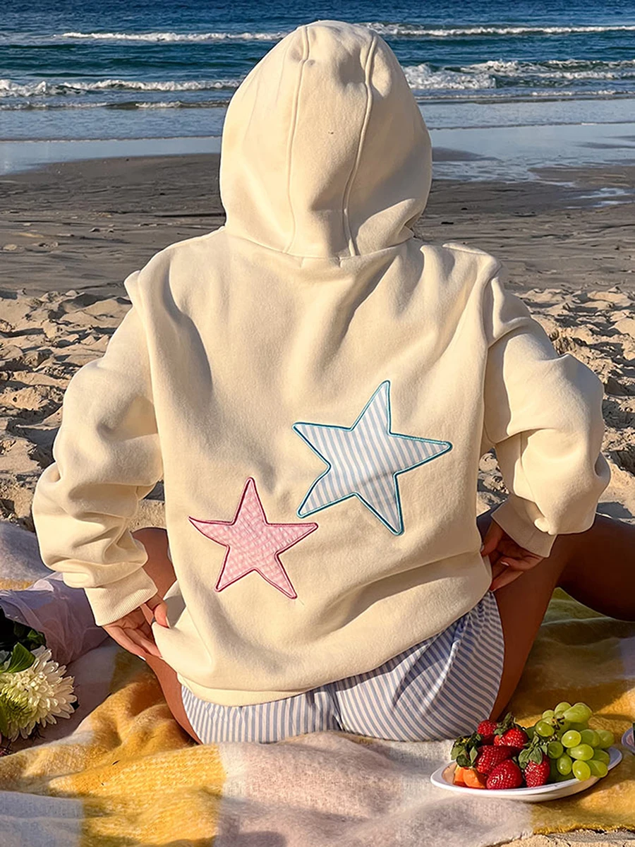 Womens y2k Aesthetic Star Embroidery Hoodie Long Sleeve Hooded Sweatshirt with Pocket Casual Pullover Streetwear for Winter Fall