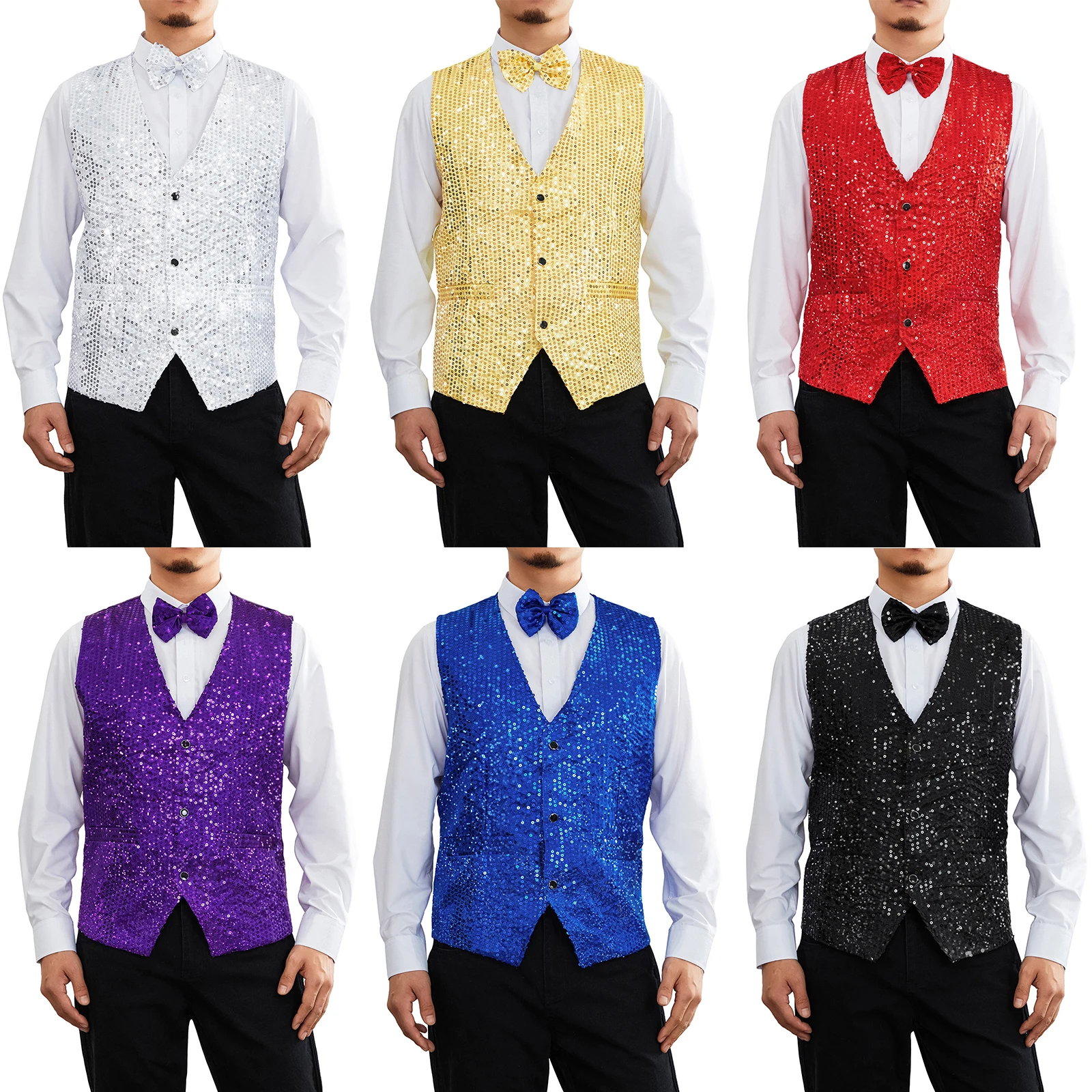 

2024 Fashion Men's Sequins Vest Formal Leisure V-neck Shiny Waistcoat Male Bowtie Set Prom Party Tuxedo for Business Wedding