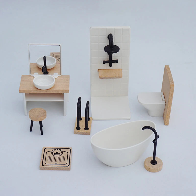 1Pc 1/12 Dollhouse Wooden Simulation Washbasin Tub Toilet Model Dollhouse Bathroom Decoration Miniature Furniture Accessories