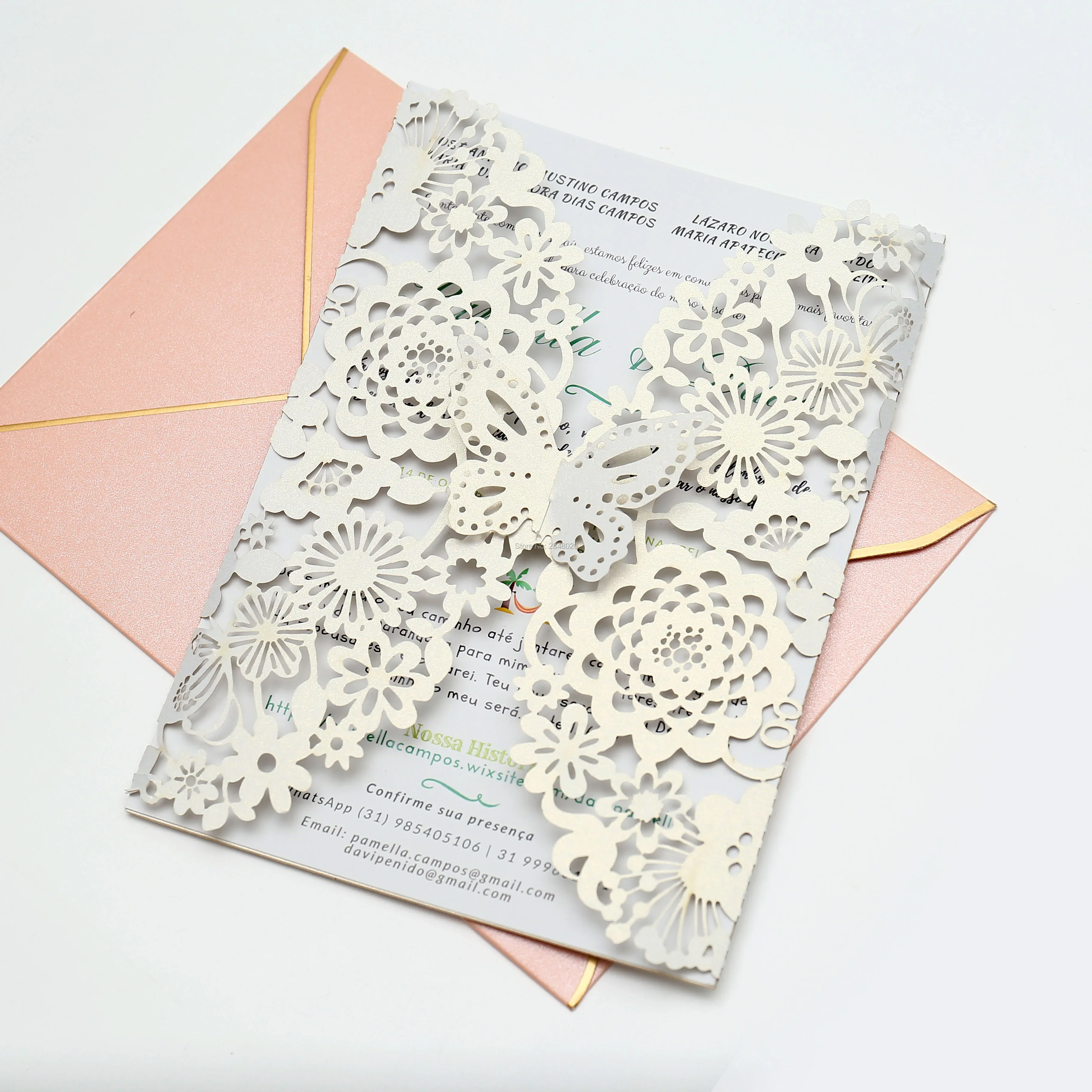 

50pcs Pearl White Butterfly gatefold Wedding Invitation,laser cut custom invitations, personalized greeting card