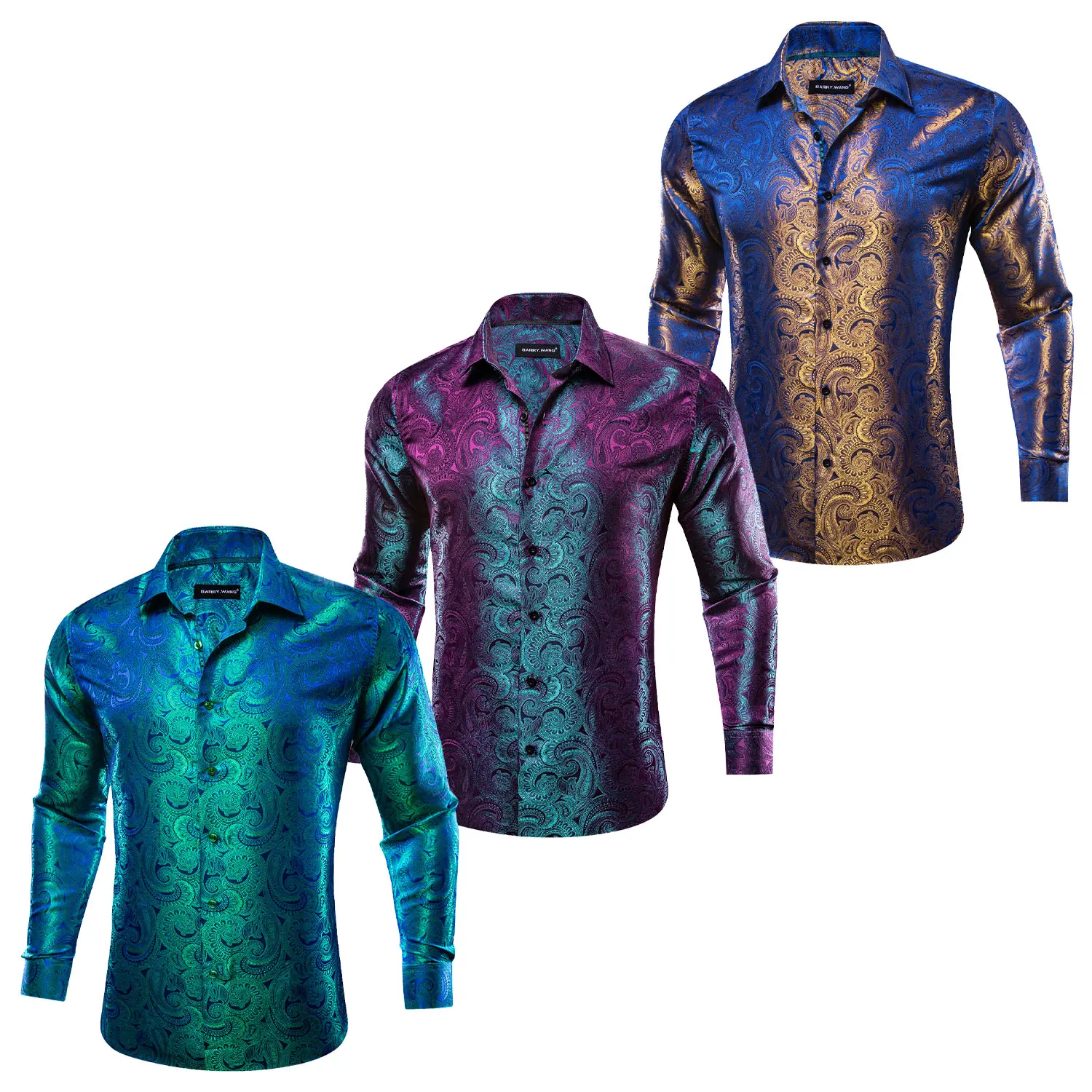 Men's Polyester Iridescent Paisley Satin Jacquard Shirt Long Sleeve Button Up Wedding Business Blouse