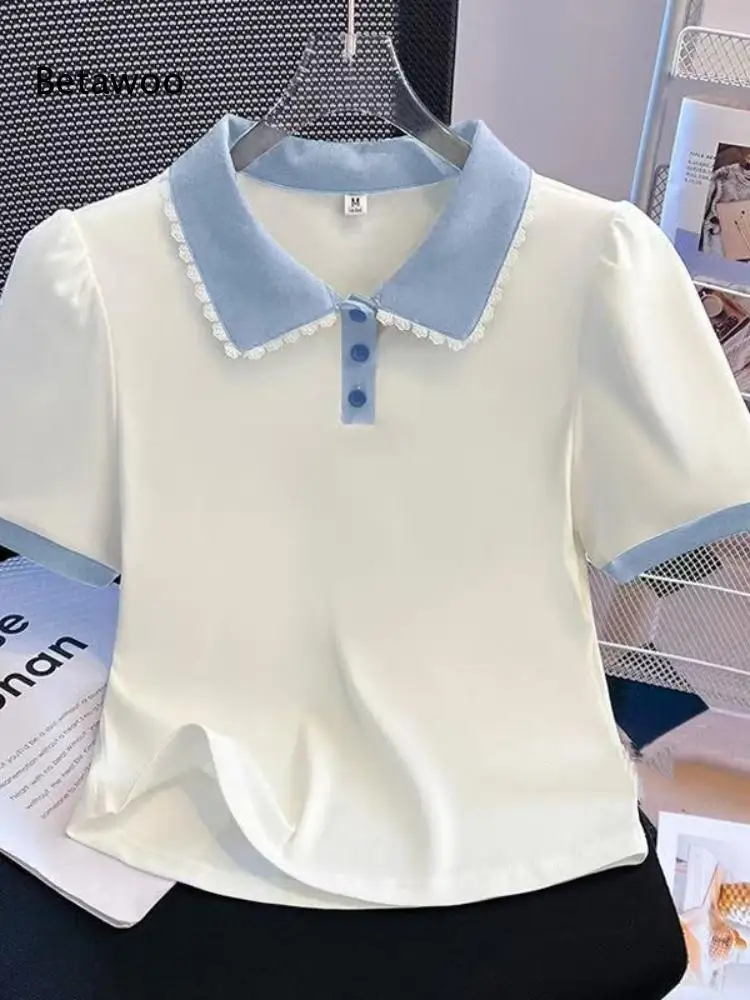 Women Color Block Polo Collar Short Sleeve T Shirt Lace Trim Contrast Collar Button Front Curved Hem Casual Tops