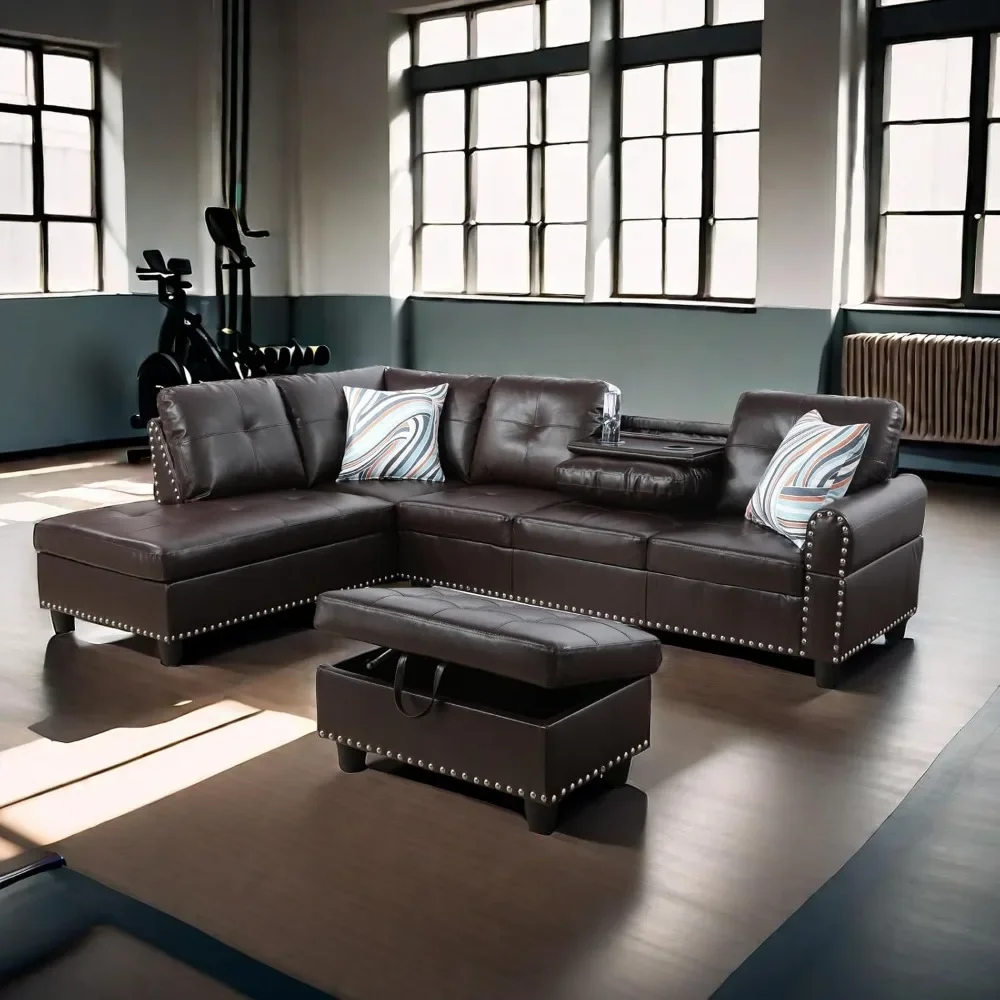 L Shaped Sofa with Ottoman Modern Sectional Couches for Living Room, Bedroom, Office, Earth-brown living room furniture muebles