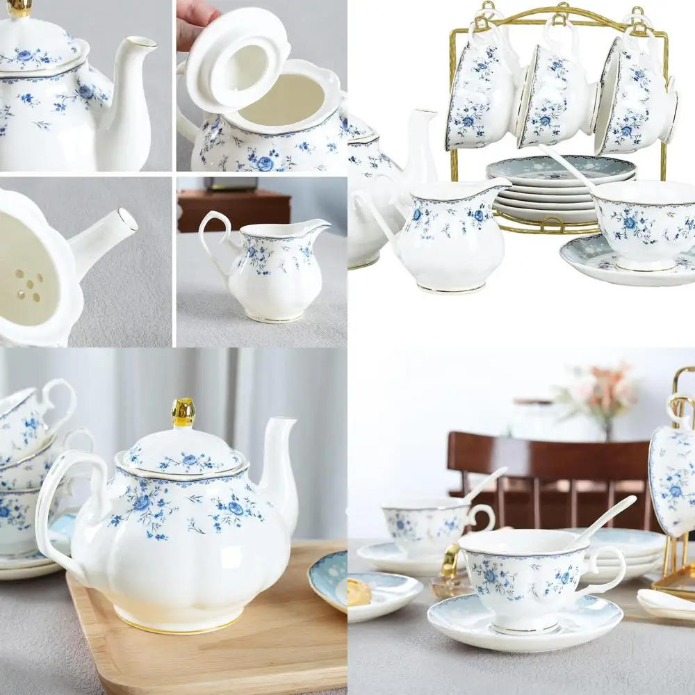 

Blue Rose 15-Piece Porcelain Tea Set, British Floral Teapot with Cups, Elegant Tea Party Set for 6 Women