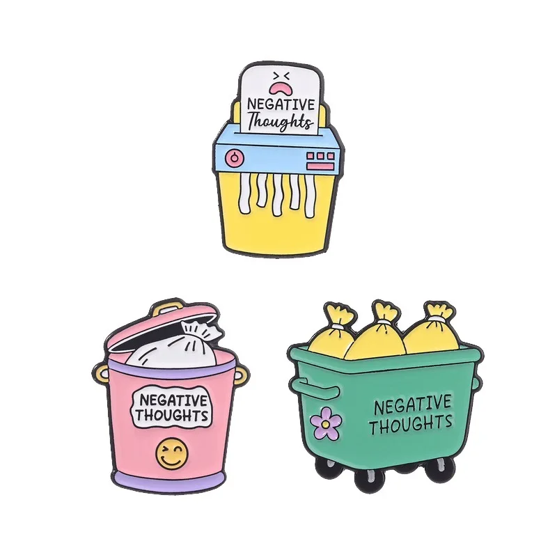 Fun trash can-themed badges, throw-away negative thoughts series pins, accessories for clothing and bags, gifts for friends