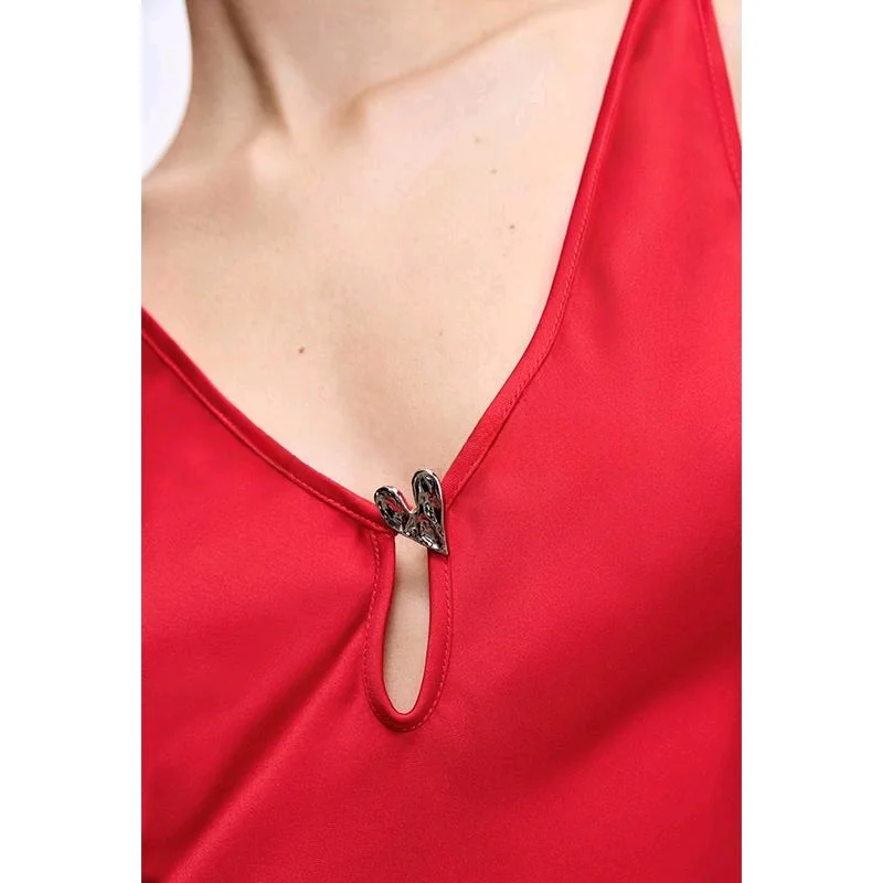 Wiosenna Nowa Damska Bluzka z Dekoltem w Serek, Ozdobiona Czerwonym Sercem, z Jedwabiu Satynowego, z Wysokim Stanem, Krój A-line, Letnia