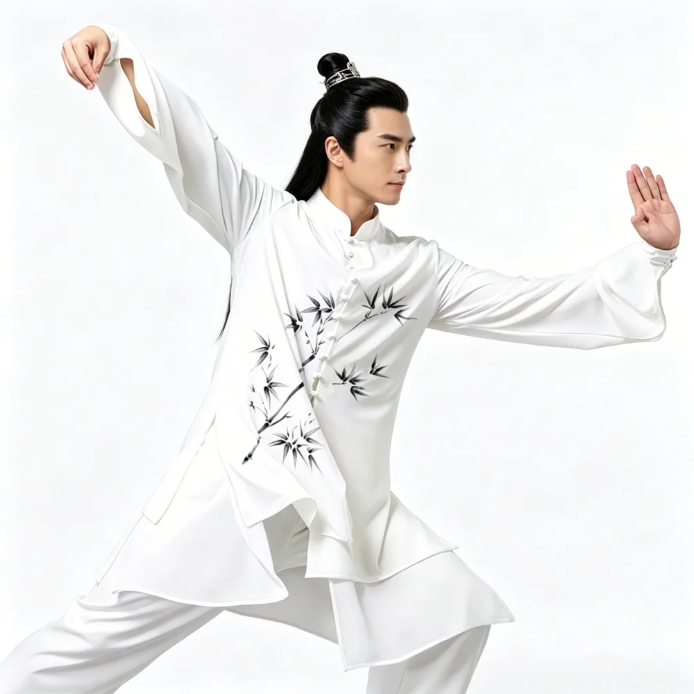 USHINE Chinese Traditional Tai Chi Suit For Men Women Crane Bamboo Print Martial Arts Uniform Top Pants Set For Practice Show