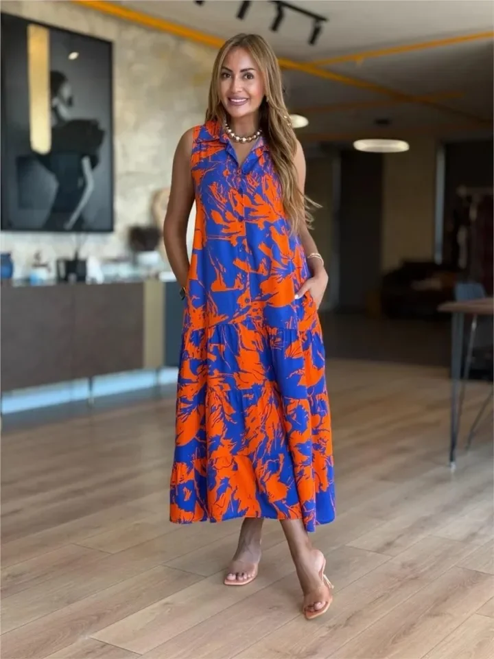 New Summer Fashion V-neck Sleeveless Print Boho Dress Women's Elegant Casual Loose Beach Party Holiday Dresses Robe Femme