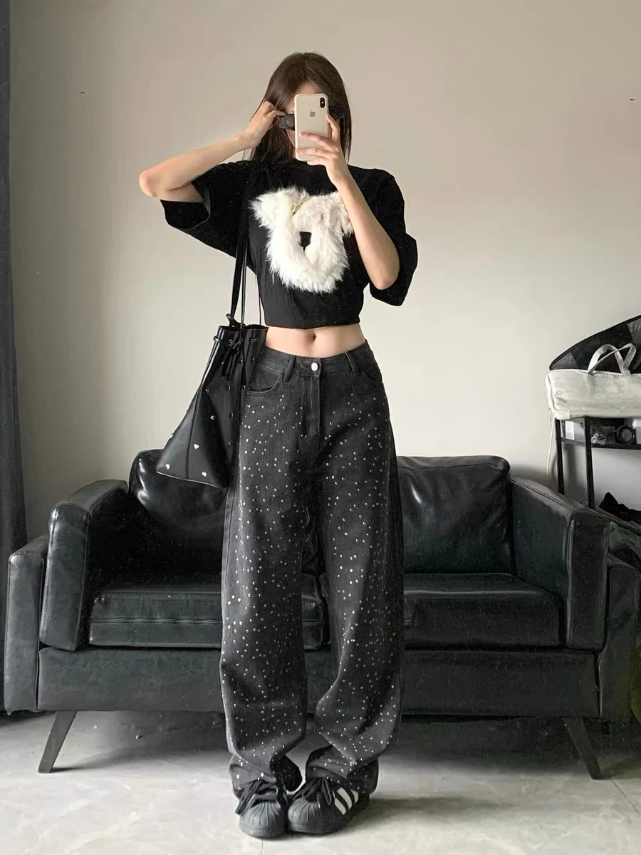 

Women's Fashionable Jeans 2024 New High Waist Slim Fit Slimming European Goods Rhinestone Bootcut Trousers Trousers