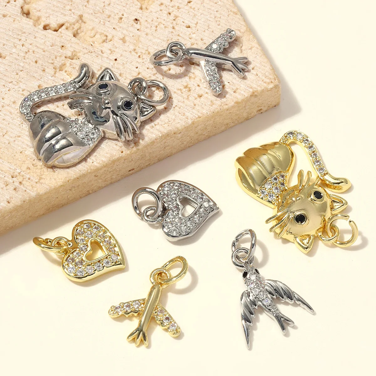 5pcs/Lot Copper Zircon Airplane DIY Bracelet Charms Women Hollow Heart Sitting Cat Swallow Star Pendants Necklace Making Jewelry