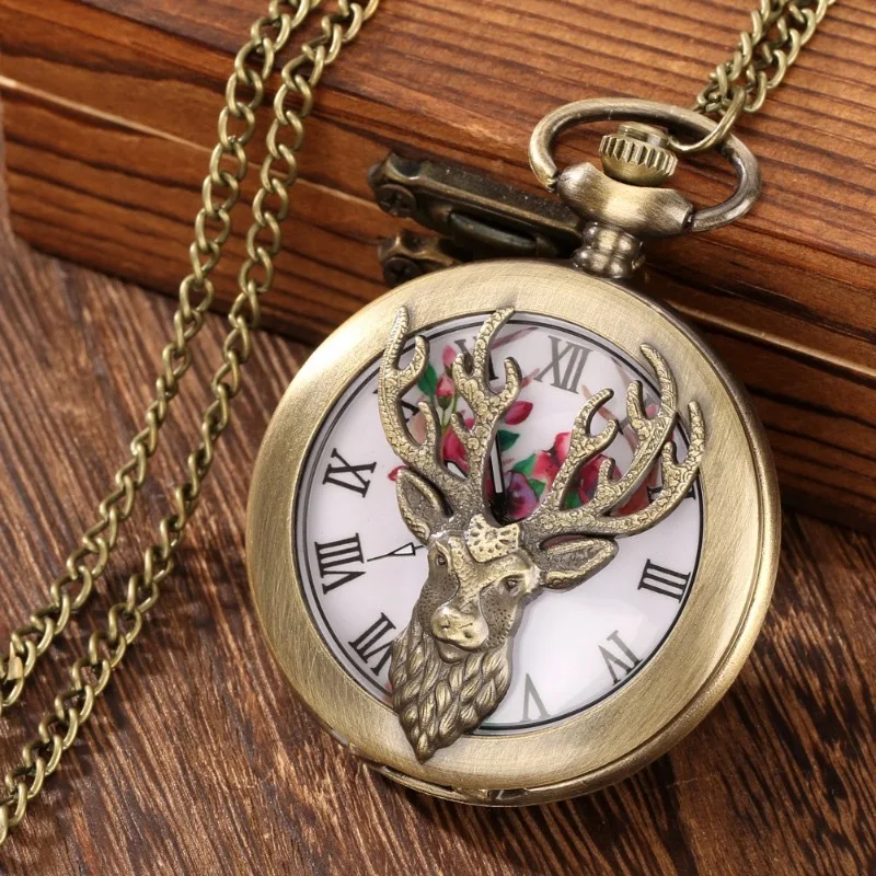 10pcs/lot Half Hunter Elk Head Roman Numerals Bronze Men's Quartz Pocket Watch Trendy Retro Women's Necklace Pendant Watches