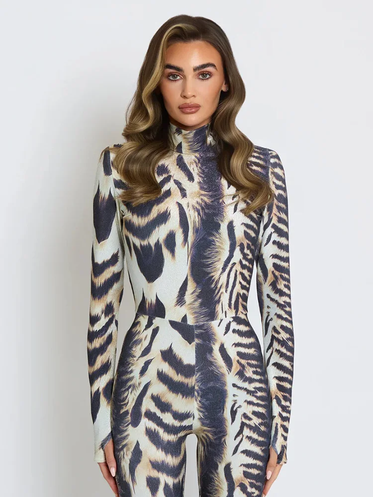 CNYISHE タイガーストライププリント秋の女性ジャンプスーツトレンディシックフィットネスセクシークラブパーティーシースファッショントムパーズ女性長袖