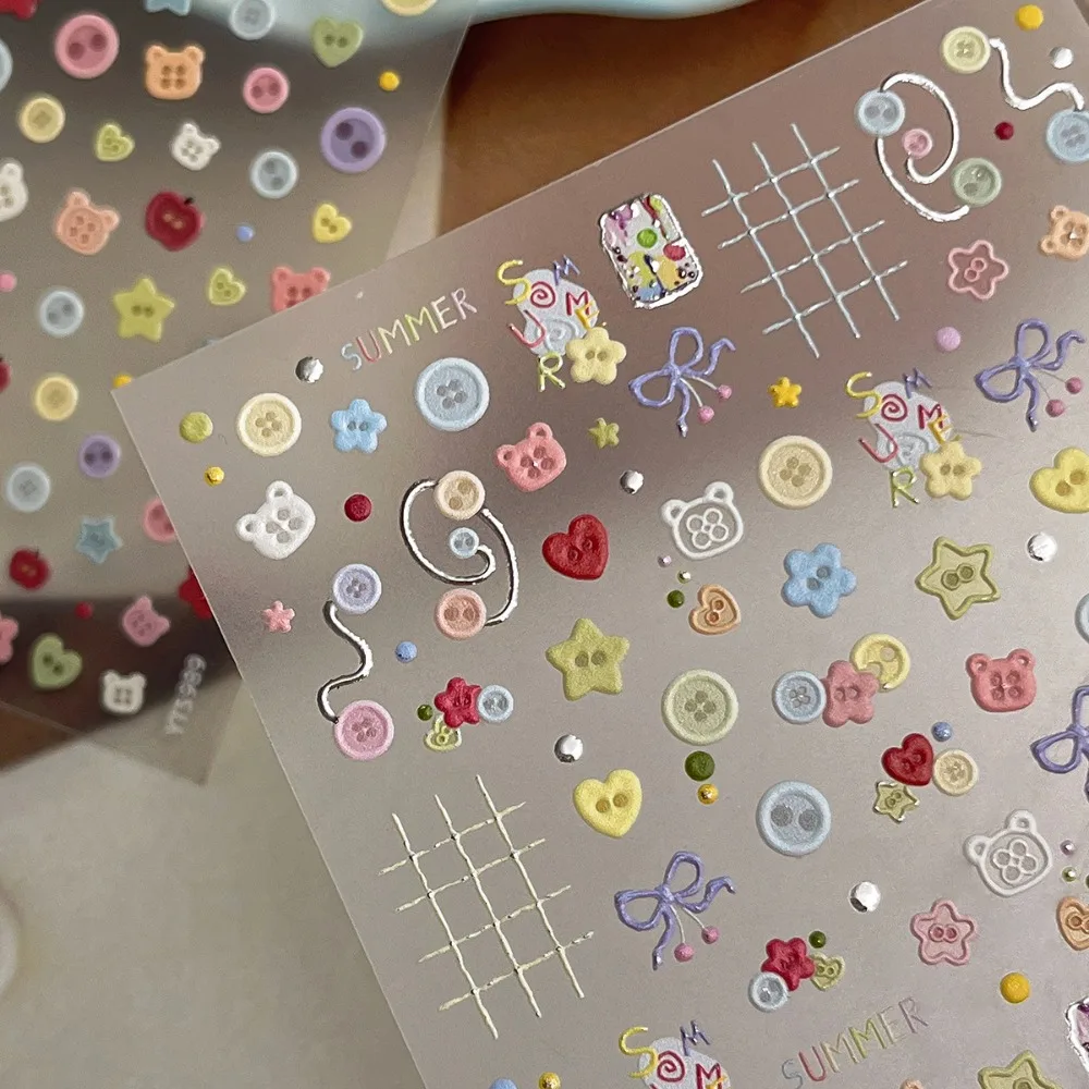 Embossed Cute Button Nail Stickers Cartoon Buttons Bear Decals Self Adhesive for Girls Women DIY Crafts Nails Art Accessories
