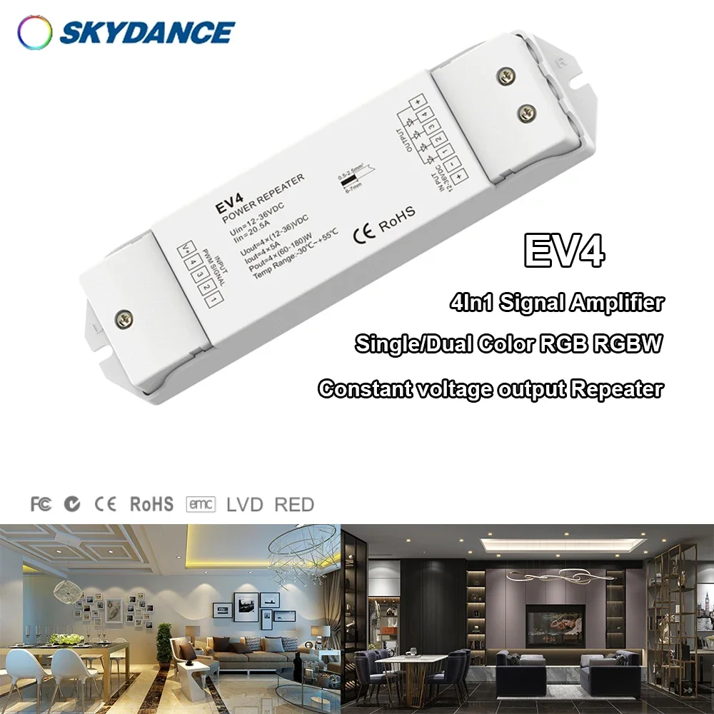 

DC12V-36V EV4 4In1 PWM Constant voltage output Repeater Single/Dual Color RGB RGBW 20A LED Signal Amplifier Apply for LED strip