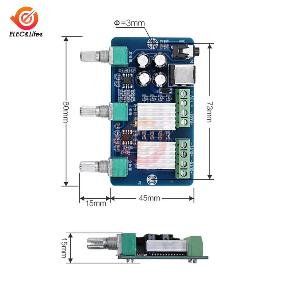 DC 12V 2*15W+30W 2.1 channel Stereo Audio Digital power amplifier board Bass subwoofer AMP XH-A355 aplificador audio