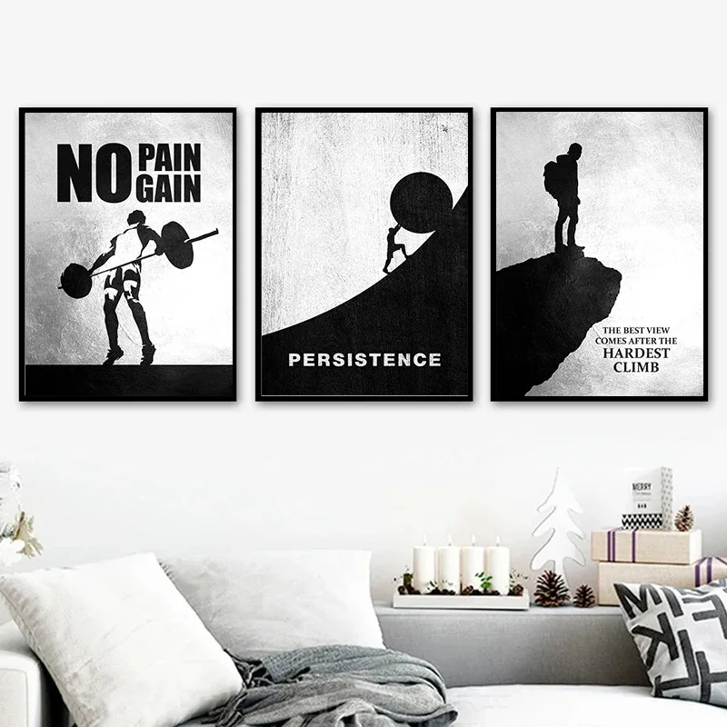 ملصقات تحفيزية للرياضة بالأبيض والأسود ، لوحة قماشية ، تسلق ، طباعة جدارية للجري ، صورة ، غرفة معيشة ، ديكور غرفة صالة ألعاب رياضية #3