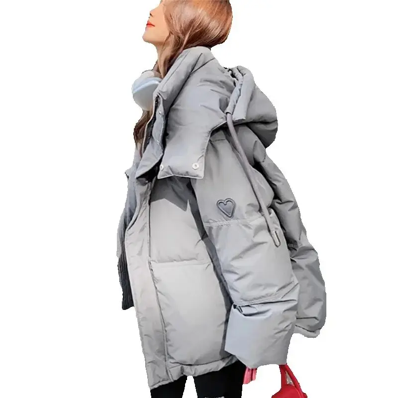 Autumn Winter Women'S Cotton Jacket New Fashion Loose Casual Hooded Cotton Coat Pure Colour Thicken Grey Outerwear Female