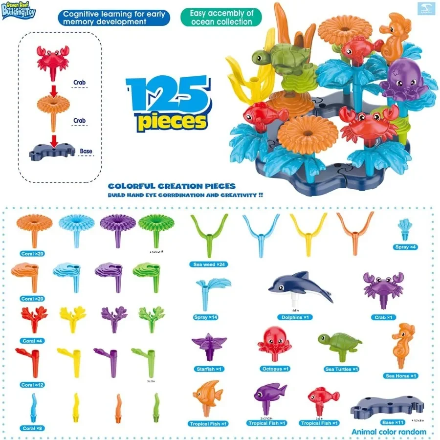 Ocean Reef 125 pcs Building Toy Set for Toddlers and Age 3 4 5 6 Year Old Boys and Girls Stacking Reef Garden Building Toy STEM