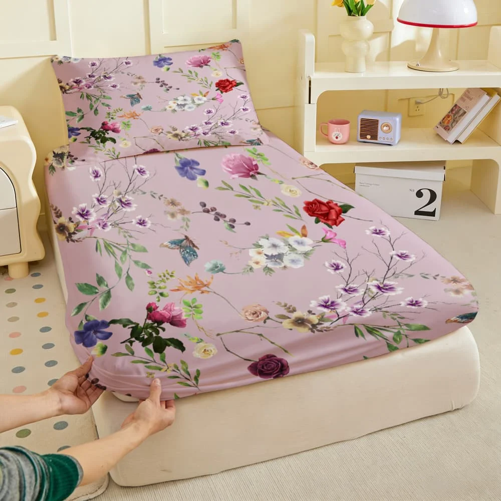 1pc Watercolor Floral & Butterfly Print Fitted Sheet Deep Pocket Elastic Mattress Cover Single Double Queen King Bedroom Decor