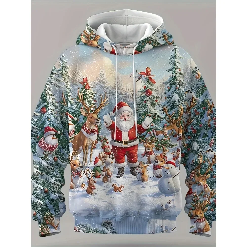 Hoodie bertudung Santa Klaus pria, pakaian atasan kasual cetakan 3D kaus natal tali serut