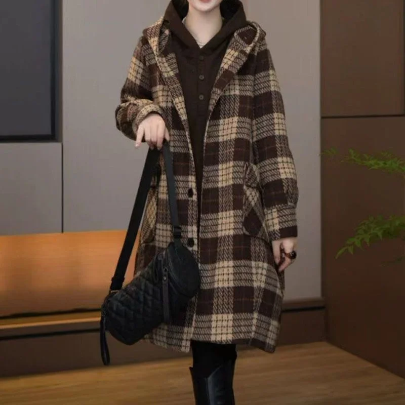 Women Lattice Woolen Coat Mid-length Hooded Woolen Jacket 2026 Female Winter New Loose Thick Profile Small Woolen Coat Belt A819