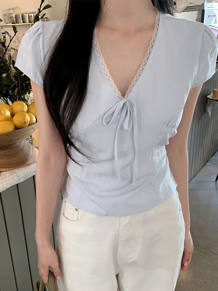

Pure Desire Lace Trim V-neck Short Sleeve Shirt Women Summer Knot Waist-cinching Slimming Top Sweet Style Straight ...