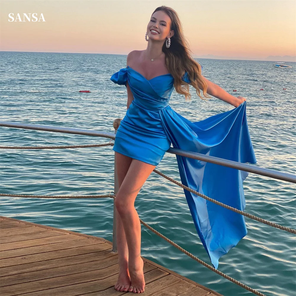 Sansa Blue Satin Off the Shoulder Mini Prom Dresses Heart Shaped Neck vestidos de noche Elegant Sleeveless Short Formal Evening