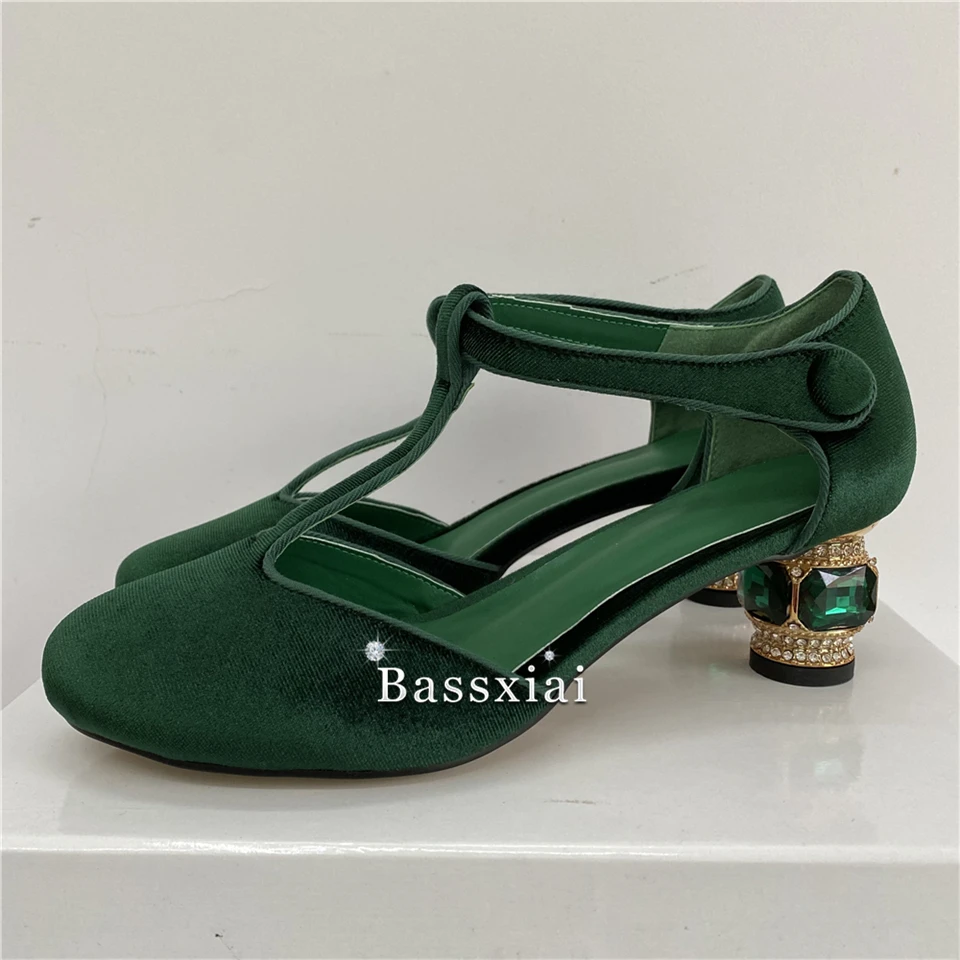 Luxury Velvet T-Strap Women Pumps Jeweled Rhinestone 6cm Heel Round Toe Side Cut Outs Spring Autumn Banquet Shoes Woman