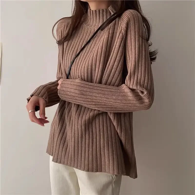 

Autumn and Winter New Slouchy Style Half High Neck Sweater Design Feel Loose Relaxed Knitwear Small Top Simple Women Wear Ins