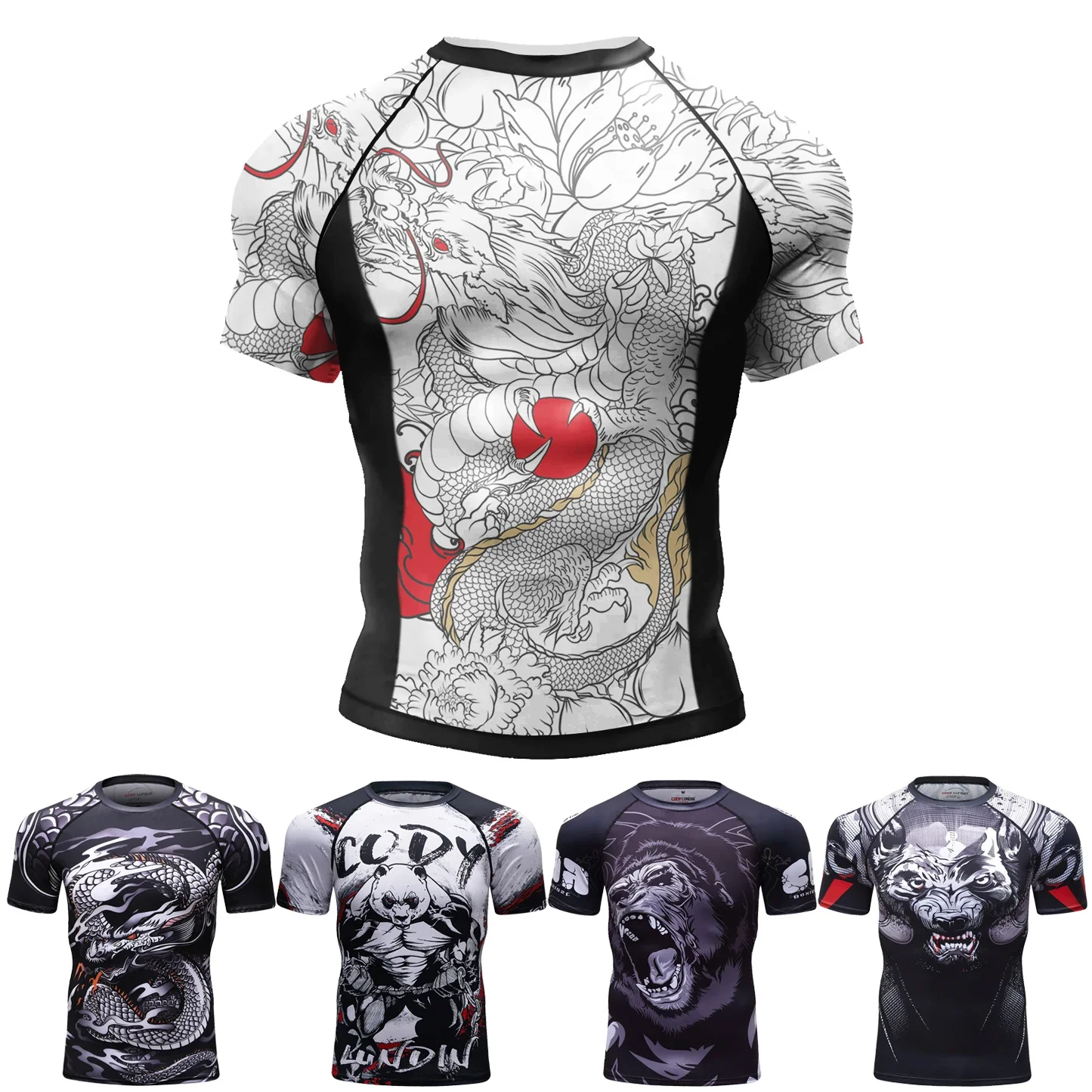 Ukiyo-e Style Dragon Compression T-Shirt, MMA Training Rash Guard BJJ 3D Printed Quick-Drying T-Shirt Summer outdoor streetwear