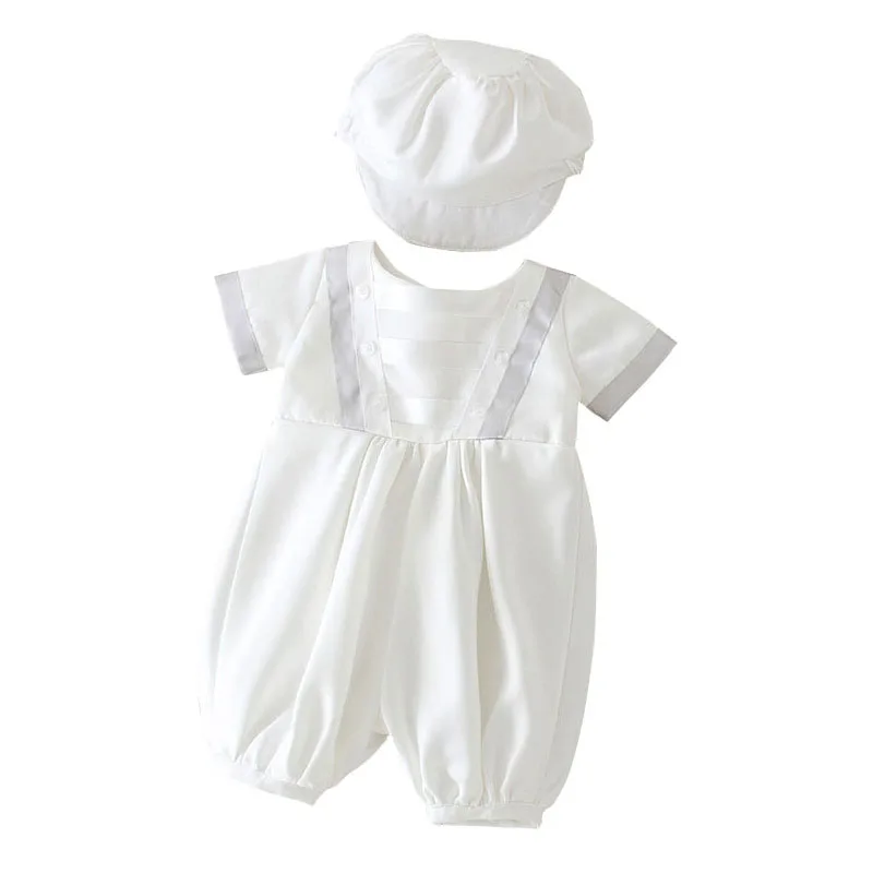 Baby White Formal Jumpsuit Babies Short Button Baptism Romper+Cap Christening Gown for Newborn Baby Boy Birthday Costume Clothes