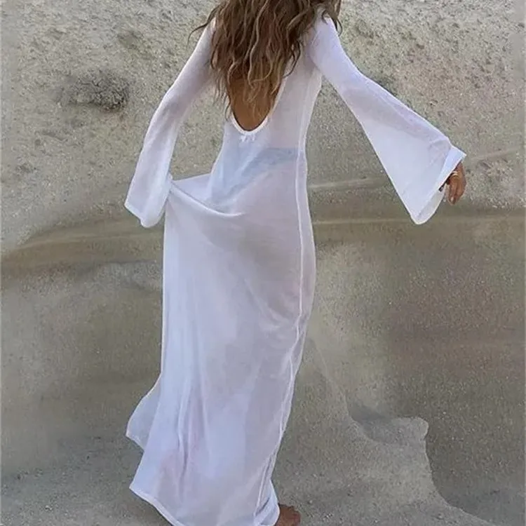 Summer Mesh Sheer Long Bikini Cover Ups for Women See Through Long Sleeve Beach Maxi Dresses Bathing Suits Beach Wear