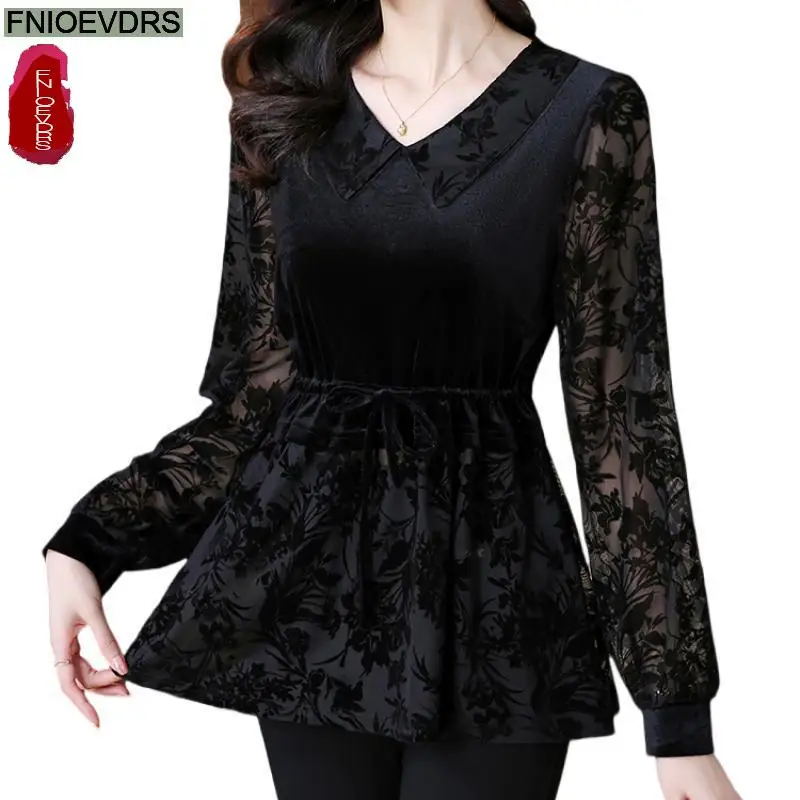 Black Lace Velvet Top Basic Wear Women Autumn Winter Elegant Office Lady Ruffles Shirring Shirts Retro Vintage Peplum Top Blouse