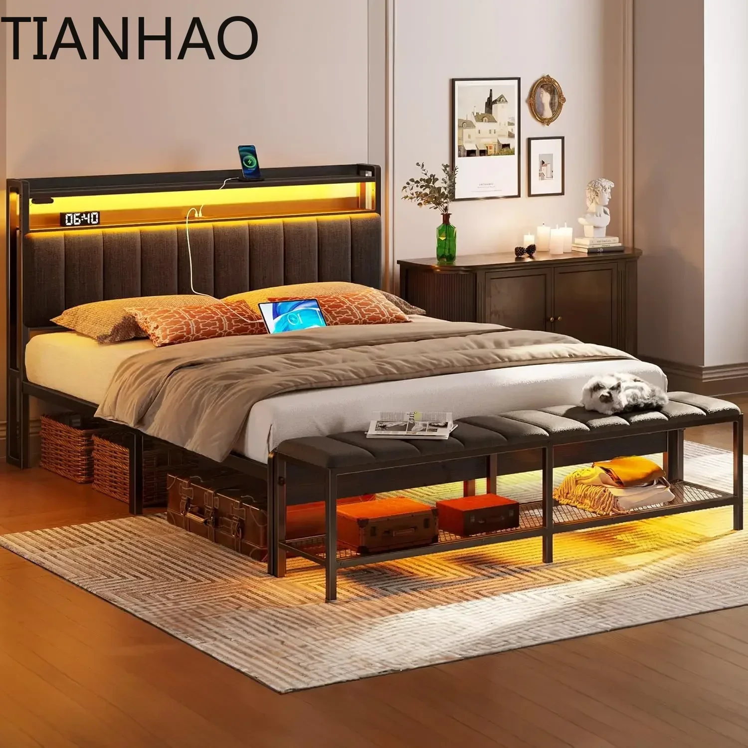 Metal Slats Full Bed Frame,  with Storage Shelves with Charging Station & LED Lights Upholstered Headboard