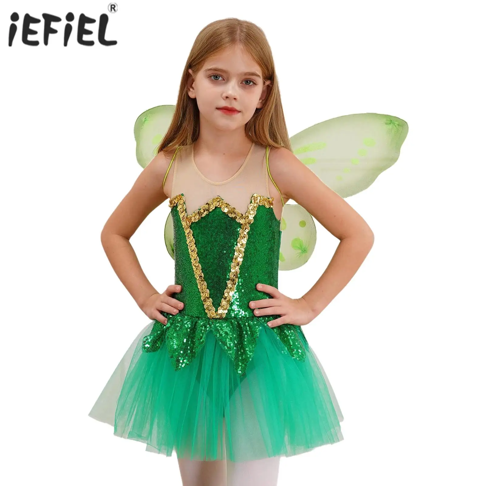 

Kids Girls Elf Costume Halloween Cosplay Party Tutu Dress Shiny Sequins Leotard with Angel Wings for Role Play Stage Performance