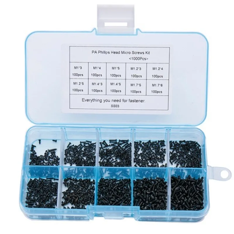 1000Pcs/set M1 M1.2 M1.4 M1.7 Mix PA Phillips Head Micro Screws Round Head Self-tapping Electronic Small Wood Screws Kit SS03