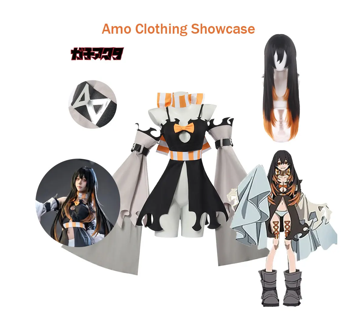 Gachiakuta Amo Cosplay-Kostüm, schwarzes Sling-Kleid mit ausgestellten, unregelmäßigen Ärmeln, Anime Halloween Karneval Comic Con Rollenspiel-Outfit