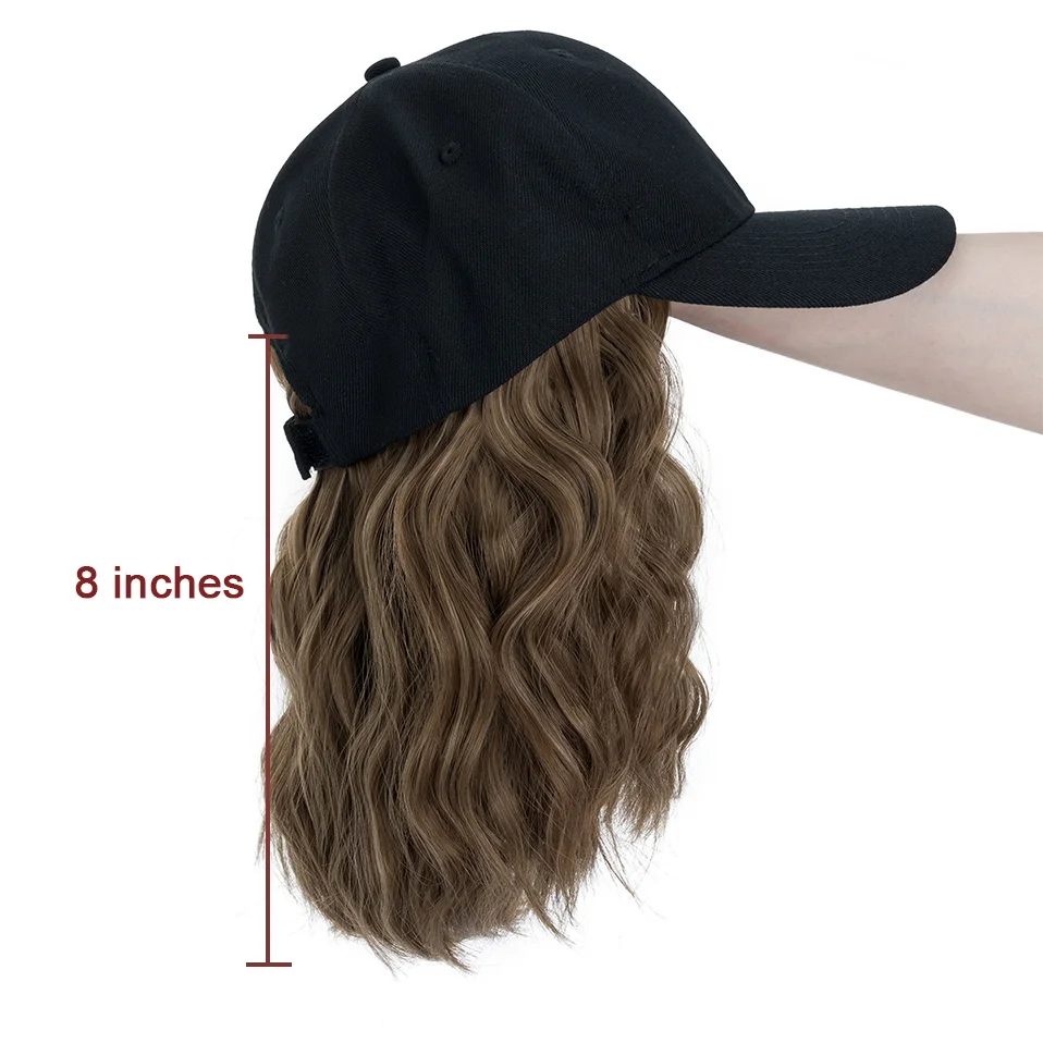 Benehair Hat Wig for Women 8 Inches Wave Baseball Cap Wig with Curly Hair Extensions Wig Synthetic Wave Wig Hat Adjustable Brown