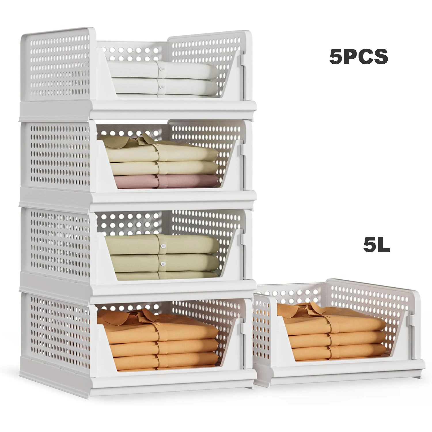 5 Pack Stack-able Plastic Storage Basket Closet Organizer Bin Fold-able Clothes Organizer Storage Drawer Shelf Container
