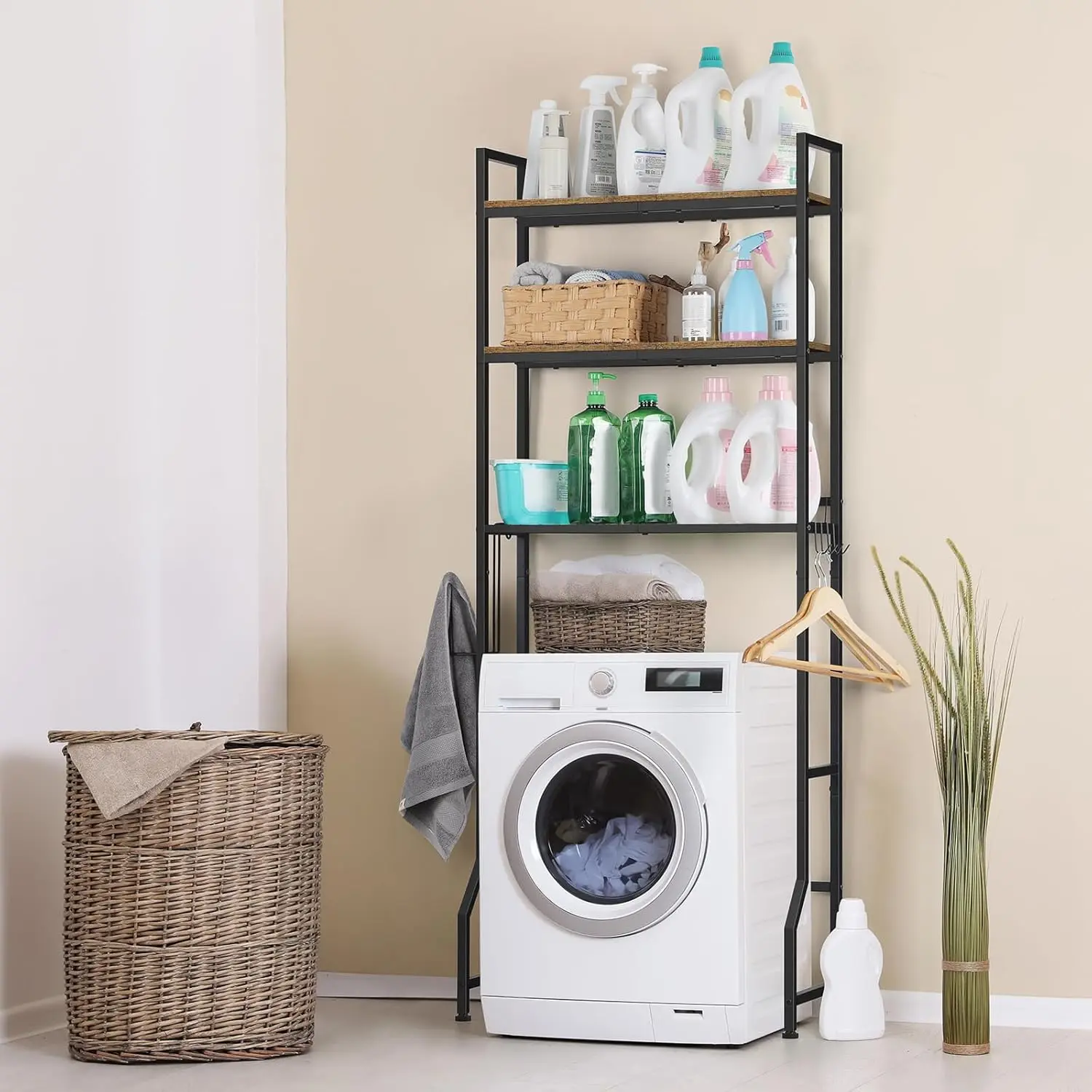 

3 levels of bathroom organizer and toilet storage rack above the toilet with hooks and toilet paper holder