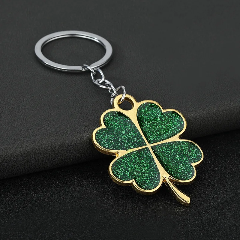 Factory Direct Sales Lucky Glitter Four-leaf Clover Keychain Big Green Leaf Creative Gift Pendant Key Ring Car Key