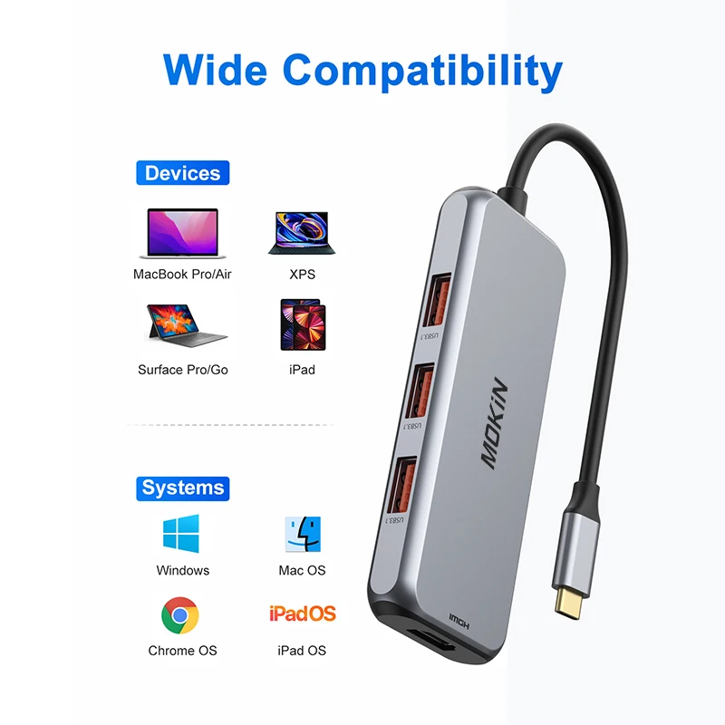 MOKiN 7 in 1 Docking Station - USB3.1, HDMI 4K60Hz, PD 100W, SD, TF - Compatible with MacBook Air/Pro, iPad, Thunderbolt Laptop