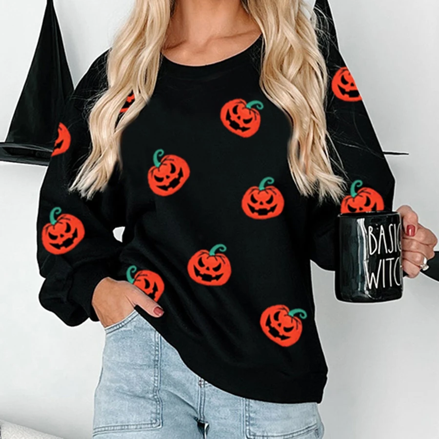 Streetwear feminino halloween solto moletom manga longa em torno do pescoço abóbora impressão pulôver