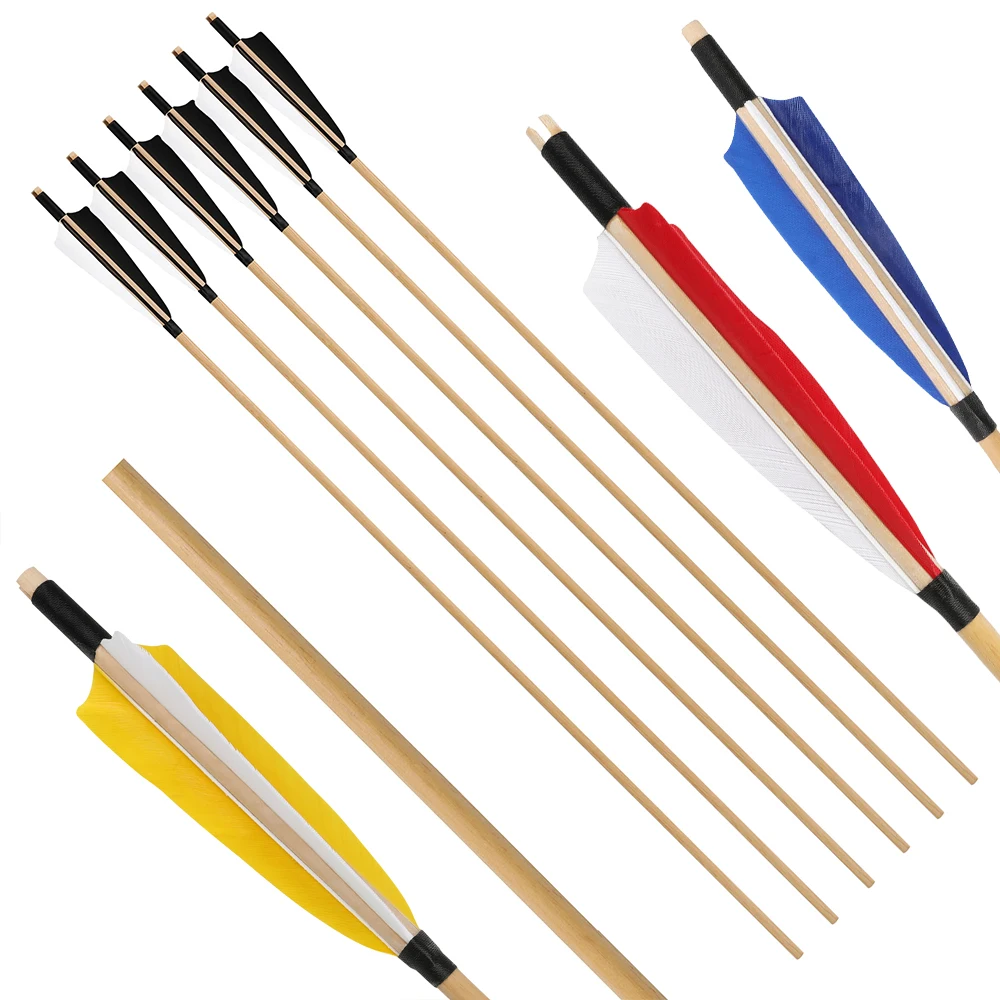 

6/12 шт. деревянные стрелы 80 см для тренировок по стрельбе из лука для начинающих, вал 8 мм, 5 дюймов, перья индейки, подростковые молодые учителя, обучающая мишень для практики