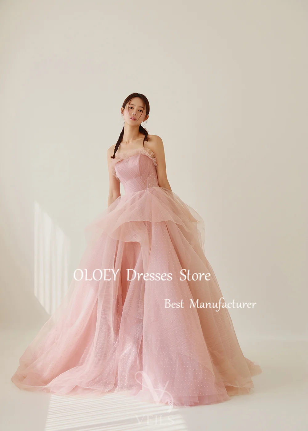 OLOEY Strapless Pink A Line Prom Dress Korea Wedding Photoshoot Sleeveless Long Party Dress Pleats Dots Tulle Custom Made