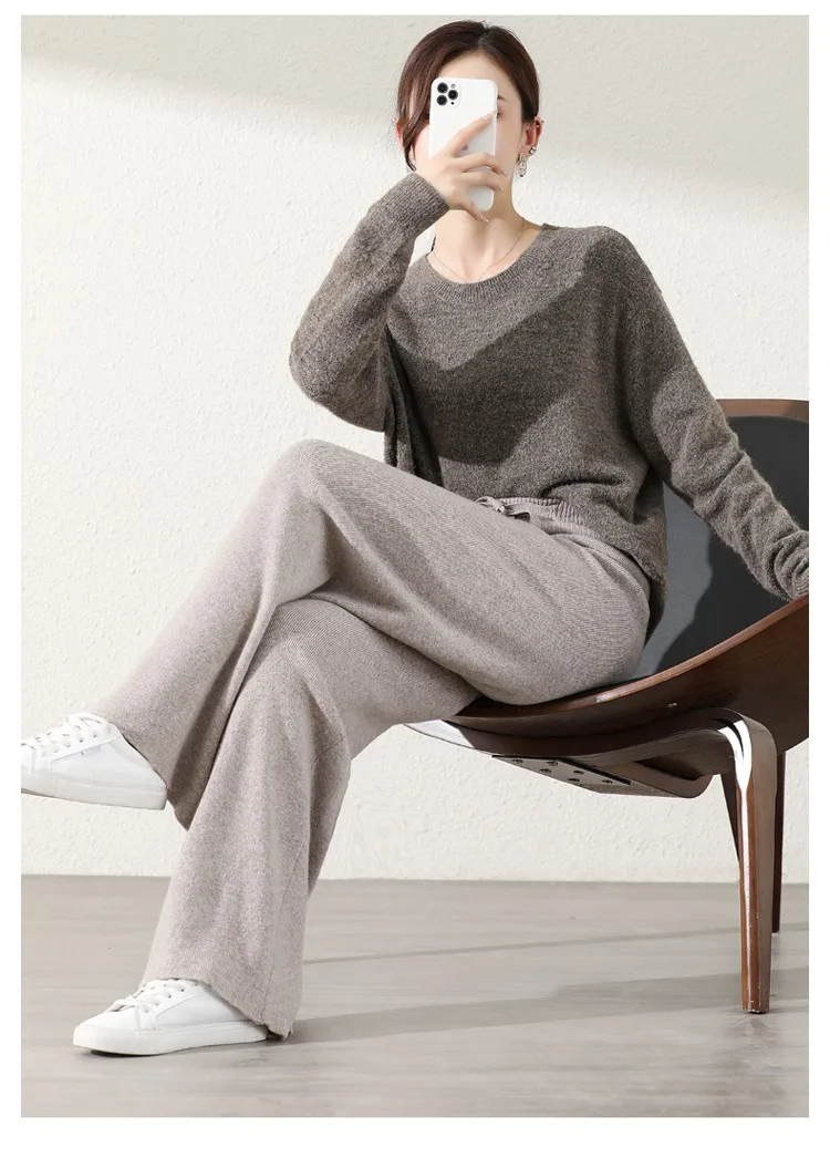 Temperament Cashmere Cloud Pants High Waist Drape Wide Leg Pants Women's White Casual Versatile Knitted Floor-mopping Trousers