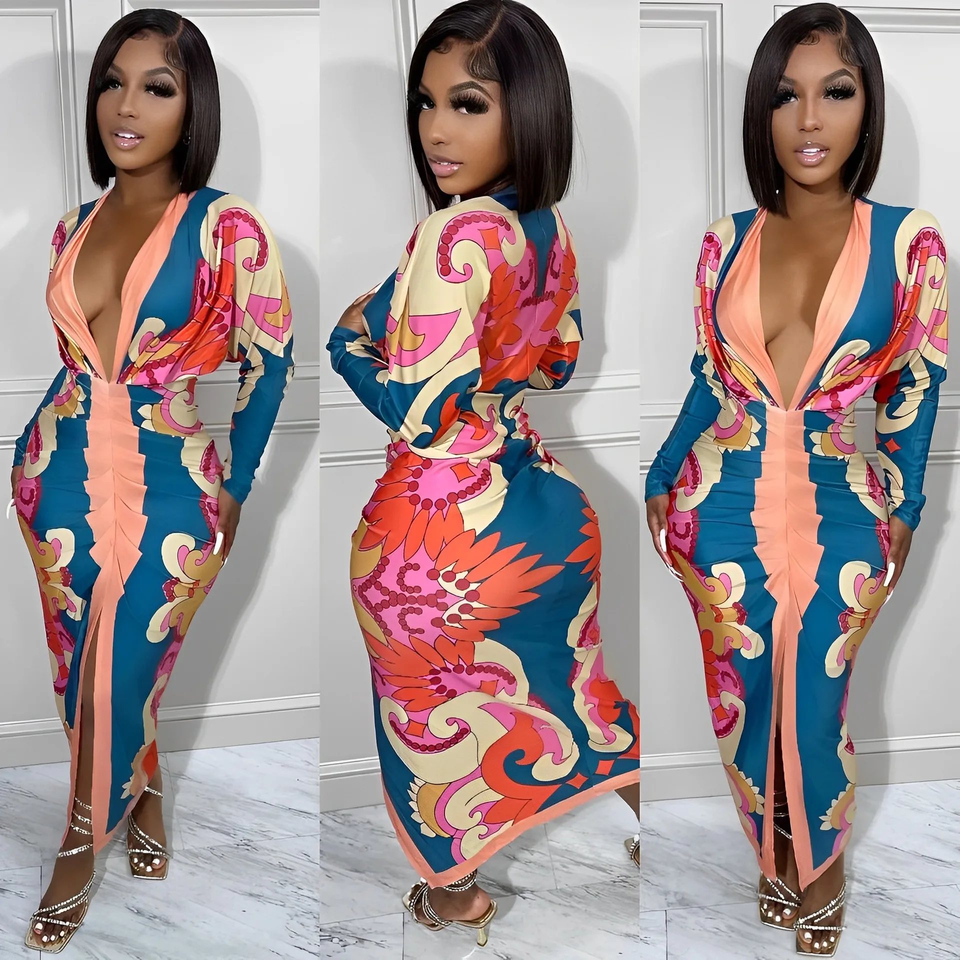 Abiti sexy casual a maniche lunghe stampati a righe comode di grandi dimensioni da donna Sister Star Abiti da festa da discoteca all'ingrosso