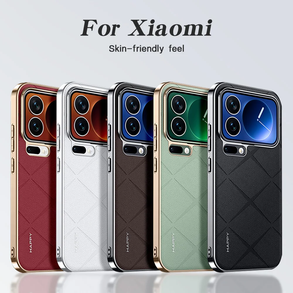 

Plaid Grid Pattern Leather Phone Case For Xiaomi 15 Pro 14 Ultra 17 Pro Max Plating Lens Bumper Seismic Protector Cover Shell