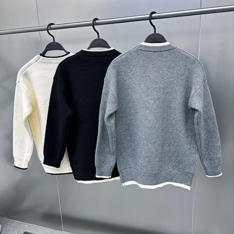 Men's fake two-piece sweater loose shoulder men's pullover sweater with round neckline